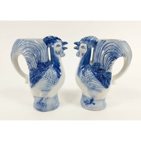 Blue and White Porcelain Rooster Pitcher Style Bud Vases - set of 2, Unmarked - Picture 1 of 6
